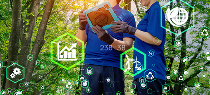 Dos personas en uniforme azul revisan una tablet en un entorno natural con iconos digitales de sostenibilidad y turismo responsable.