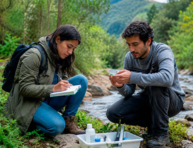 Mujer y hombre realizan trabajo de campo junto a un río, tomando notas y analizando muestras ambientales en un entorno natural.