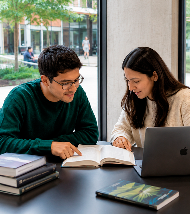 Hombre y mujer estudiantes revisan un libro y trabajan en un computador portátil en un espacio académico moderno y diverso.